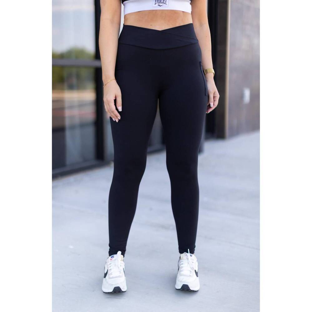 NEW JULIA ROSE stephanie crossover pocket full length leggings in black